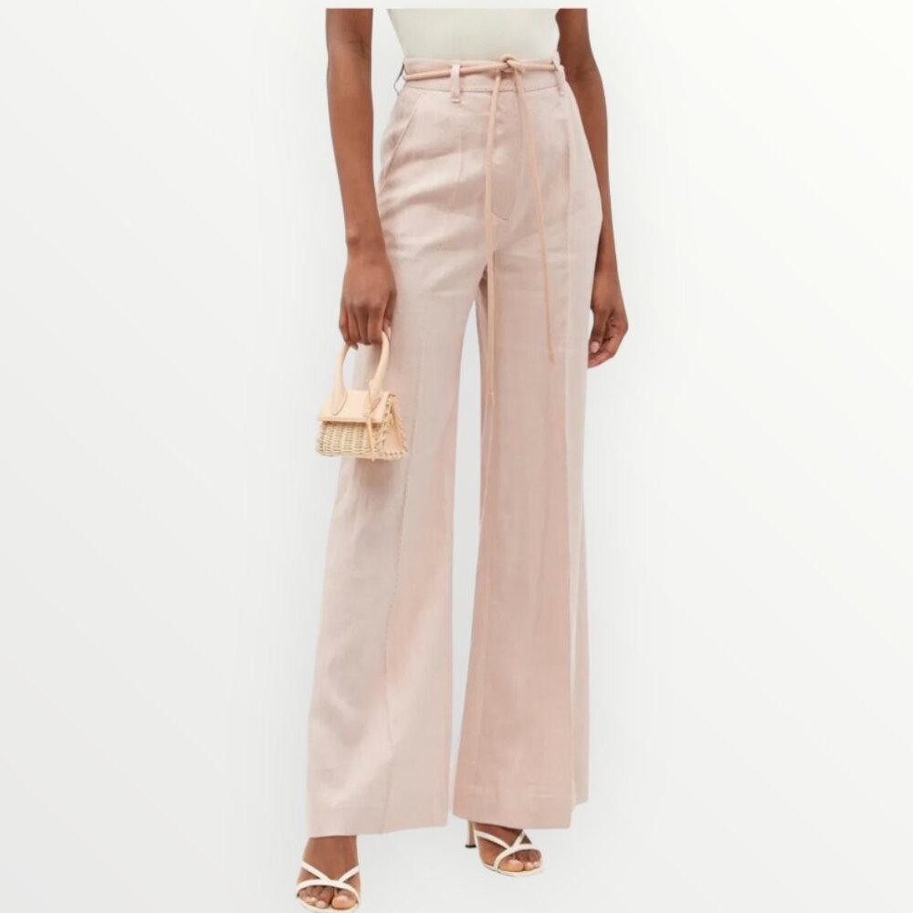 Zimmermann High Rise Linen Blend Wide Leg Trousers in Dusty Pink